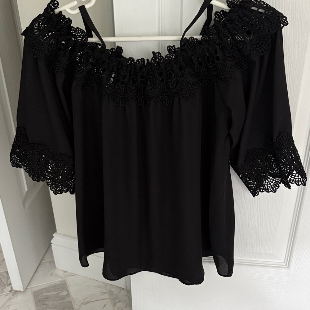 Black Off-Shoulder Lace-Trim Blouse